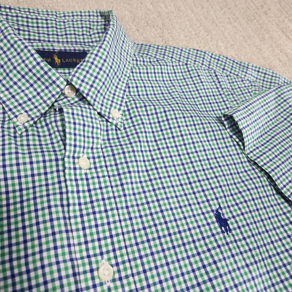 Ralph Lauren Shirt Men Large Poplin Check Plaid Green Blue Button Down Wealth